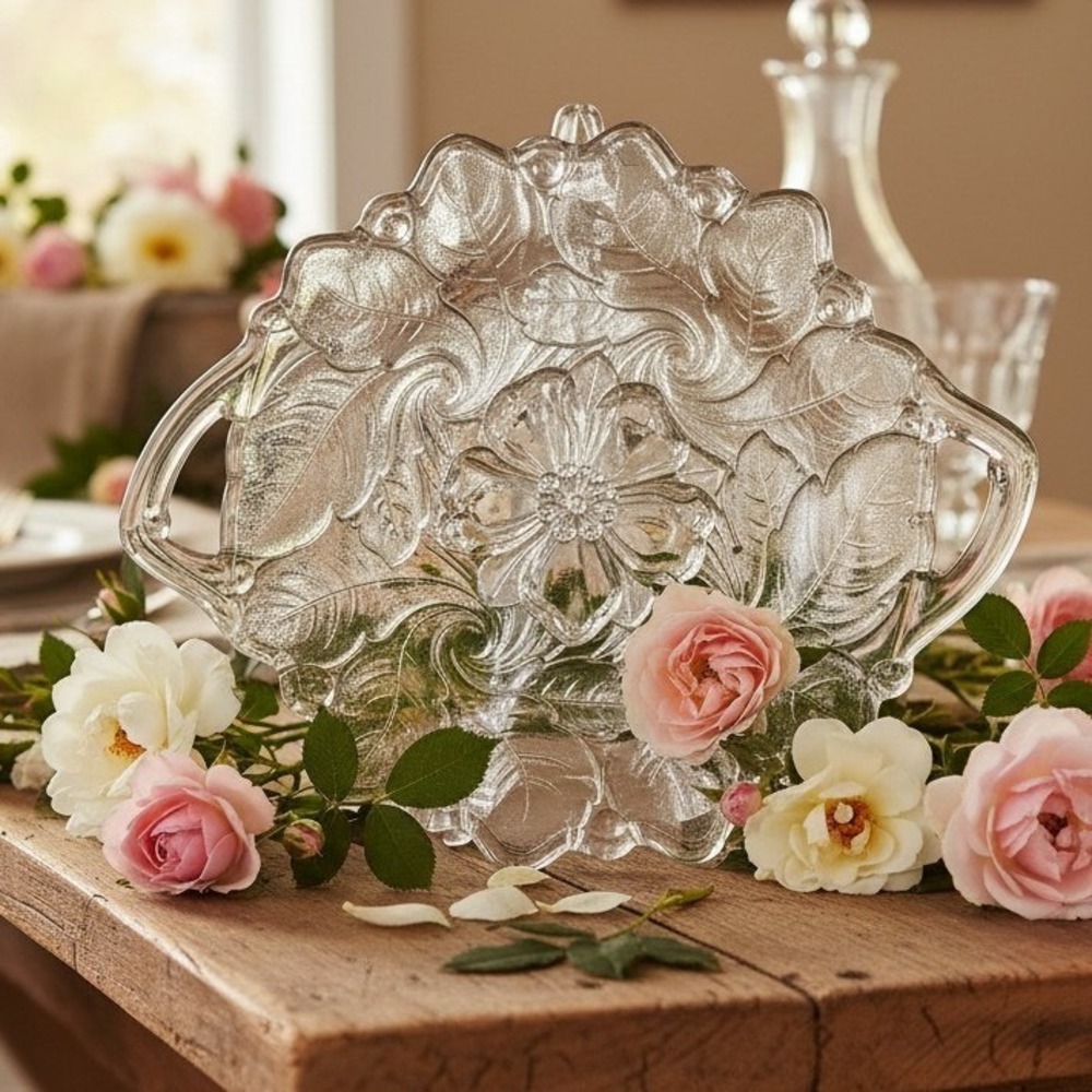 Indiana Glass Handled Serving Tray, Vtg Embossed Wild Roses Design, Centerpiece
